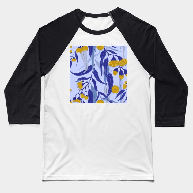 Eucalyptus flowers in gold and blue Baseball T-Shirt by Papergrape